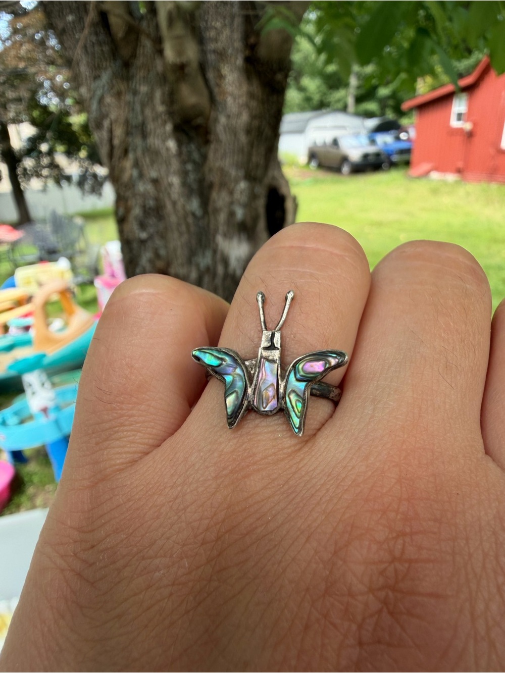 Abalone Butterfly Sterling Silver 925 Mexico Ring in Iridescent Green-Blue 7